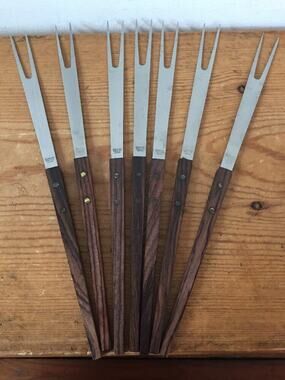 Set 7 Vtg Puralum 2 Prong Fondue Cocktail Skewer Forks Canoe Muffin Teak Wood